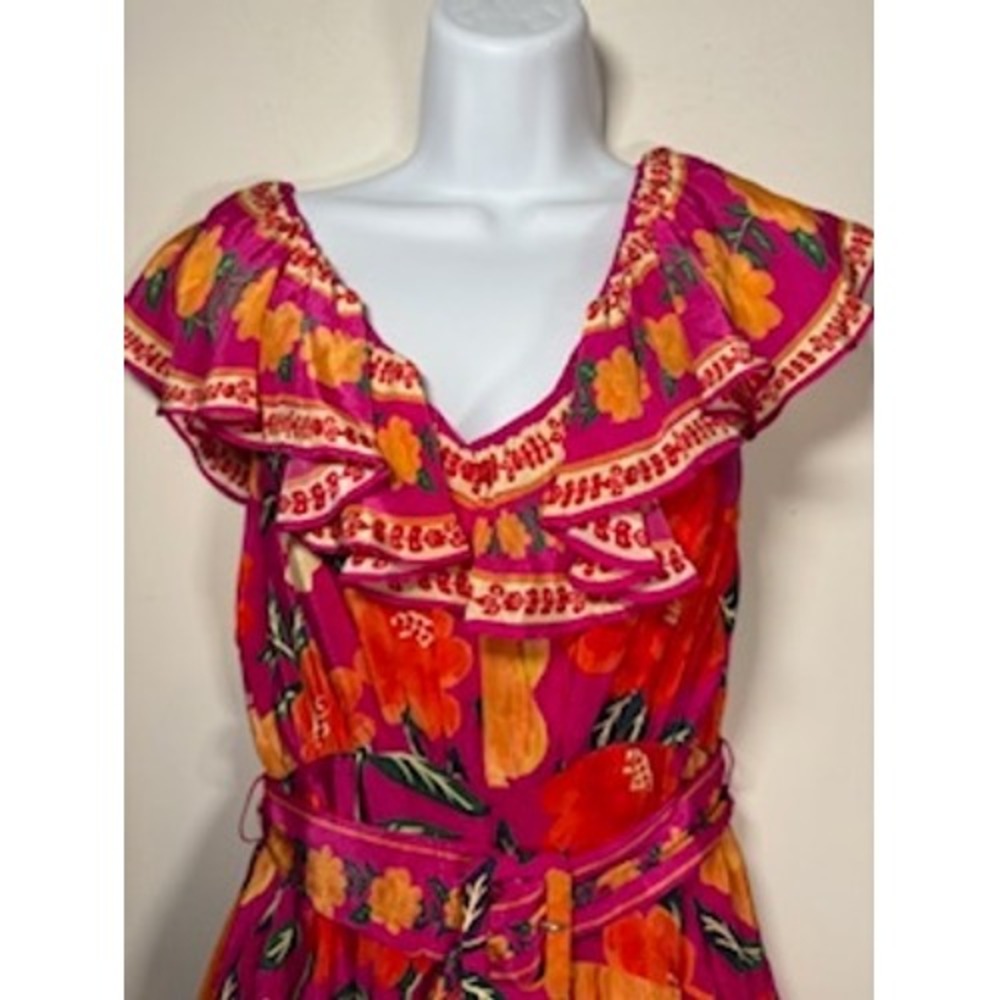 Farm Rio Mini Dress Pink Flowers Tapestry Ruffle Belted XS Tropical Boho NWT - Picture 2 of 10